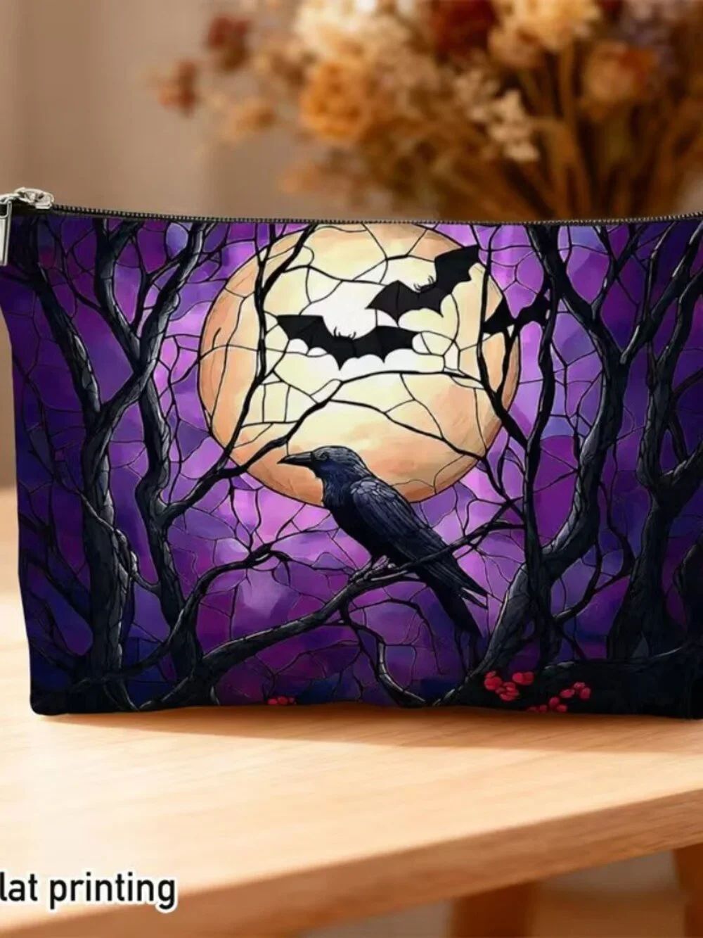 Halloween Gothic Stained Glass Crow & Bats Makeup Bag Double-Sided 5.9"h x 8.7"w